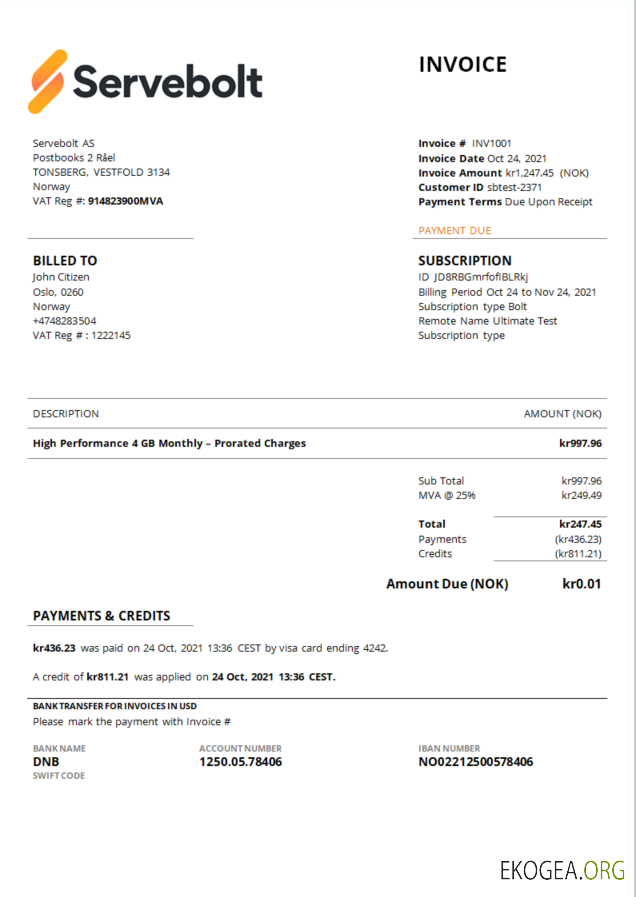 Facture de la société d'hébergement haute performance Norvège Servebolt